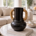 ADORA VASE WITH RATTAN HANDLES| BLACK
